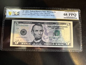 DBR 2021 $5 FRN Minneapolis STAR Fr. 1999-I* PCGS-B 68 PPQ Serial QI01542399* - Picture 1 of 2