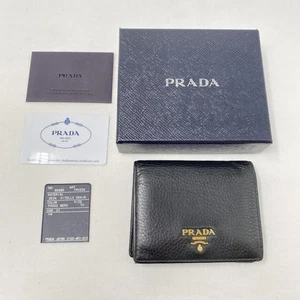 PRADA Wallet Bi-fold Wallet Leather Black Gold Logo W/Box Card Mens Authentic - Picture 1 of 9
