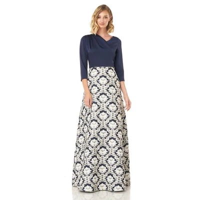 Vestido de Baile Kay Unger Izabella Cuello Asimétrico Jacquard Azul Marino Multi Nuevo con Etiquetas Talla 8 Foto 1 de 4