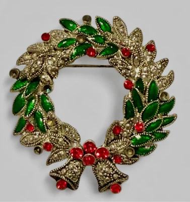 Holiday Wreath Vintage Brooch Silver Tone Red, Clear & Green Stones Christmas - Image 1 of 2