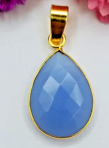 Natural Aqua Chalcedony Stone Teardrop Cut Pendant Handmade Jewelry Gift For Her - Picture 1 of 3