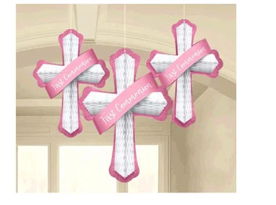 Amscan First Communion Honeycomb Cross Decorations 3 Pieces Baptism Confirmation - Image 1 of 3