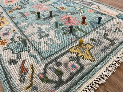 Oushak Style Aqua Pastel Area Rug Handmade Wool Turkish Floral Vintage Look - Image 1 of 4