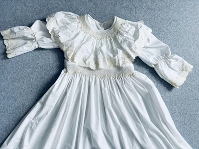 Vintage Prairie Cottagecore White Eyelet Bow Short Puffy Sleeve Dress Girls Read - Image 1 of 4