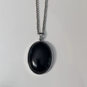 Vtg Stainless Steel Black Onyx Cabochon Oval 80s Pendant Necklace 24" - Picture 1 of 7