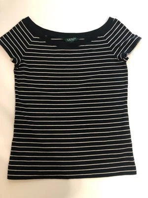 Lauren Ralph Womens Top Black White Striped Boat Neck Pullover Sz L Shot Sleeve - Image 1 of 4
