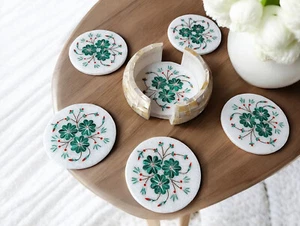 Juego de posavasos de té de mármol blanco de 4 " malaquita y fregona incrustación trabajo arte cocina - Imagen 1 de 6