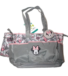 Disney Baby Minnie Mouse Floral Peach Pink Gray Diaper Tote Bag 4-Pc Gift Set - Picture 1 of 10