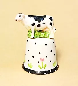Cow Thimble Black and White Standing Realistic Look Holstein with Polka Dot Base - Picture 1 of 5