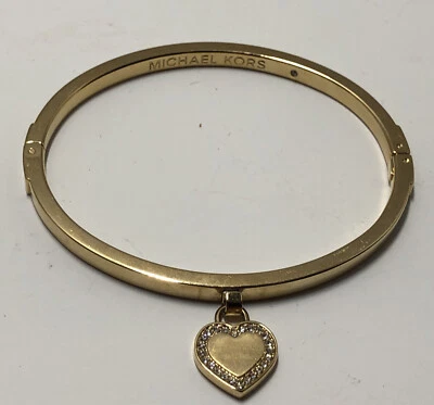 Michael Kors MK Logo Heart Yellow Gold Tone Hinged Bangle Bracelet Crystals - Image 1 of 4