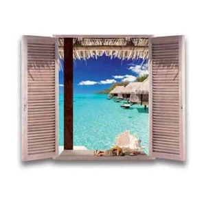 Tropical Beach 3D Window Decal Wall Sticker Home Décor Art DIYSeascape FREE SHIP - Picture 1 of 7