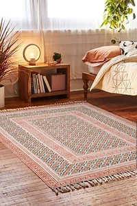 Block Printed Cotton Dhurrie Rug, Use for Bedroom, Living Room, Dining Room Area - Foto 1 di 10