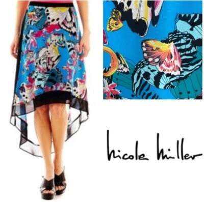 Falda Alta Baja Floral Mariposa Azul Negra Nicole by Nicole Miller Talla 8 Foto 1 de 4
