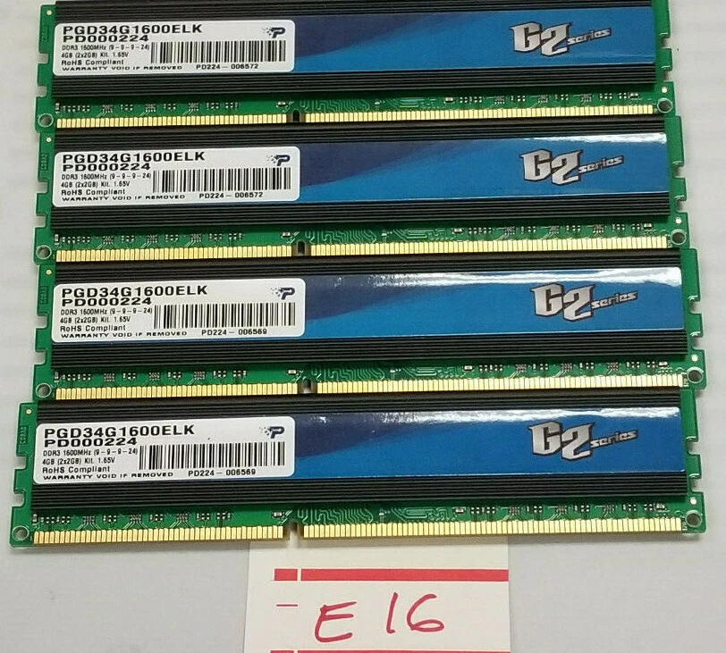 Pariot G2 8GB set 4x2GB PC3-12800 DDR3-1600 PC3 RAM PGD34G1600ELK #E16 - Image 1 of 4
