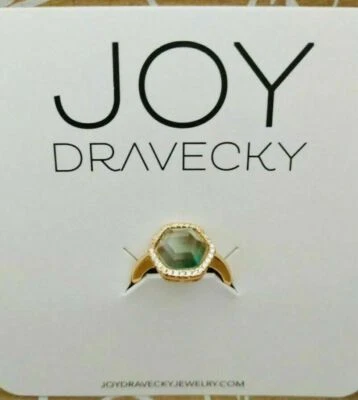 Anillo ajustable Joy Dravecky Chloe hexagonal piedra verde chapado en oro latón NUEVO  Foto 1 de 4