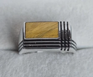 Men's Natural Tiger's Eye Inlay Solid Sterling Silver Band Ring, Size 11.75 - Picture 1 of 9