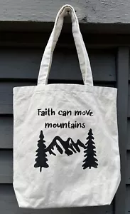 Christian FAITH CAN MOVE MOUNTAINS Canvas TOTE BAG 13" Trees Handles EUC - Picture 1 of 15