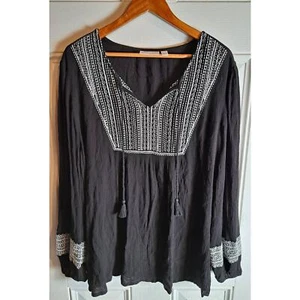 Susan Graver Peasant Top SZ XL Black & White Embroidered Tassles Flowy Bohemain - Picture 1 of 7