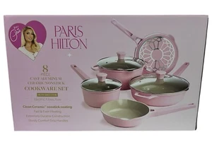 PARIS HILTON PINK 8 PIECE CAST ALUMINUM CERAMIC NONSTICK COOKWARE SET - Picture 1 of 10