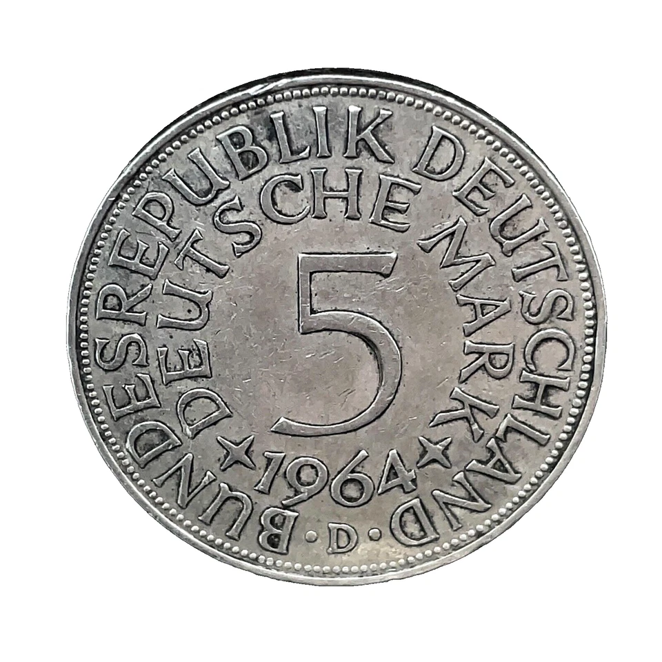 Germany 1964 D 5 Mark AU.  0.625 Silver Coin KM #112.1 - Image 1 of 4