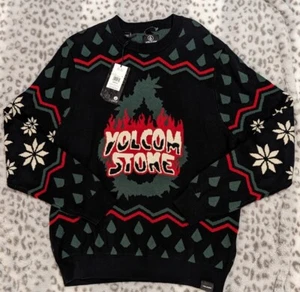 $80 new tags VOLCOM STONE HOLI-DAZED Ugly Christmas Black Sweater Mens S #595 - Picture 1 of 14