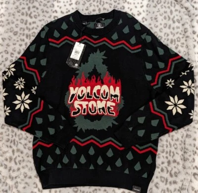 $80 new tags VOLCOM STONE HOLI-DAZED Ugly Christmas Black Sweater Mens S #595 - Image 1 of 4