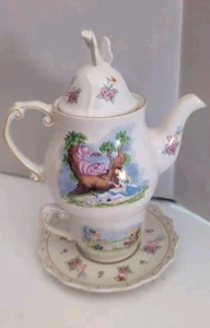 Alice in Wonderland Mad Hatter Cheshire Cat Tea Pot, Cup & Saucer Set Stackable - Picture 1 of 11