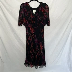 I.C.E. Dress 12 Flowy Y2K Black Floral 100% Silk Midi Ruffles Whimsigoth Vintage - Picture 1 of 15