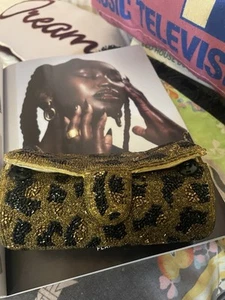 LEOPARD GOLD PURSE VINTAGE SEQUIN BAG OVAL CLUTCH SILK EMBROIDERY BEAD FLAP SAC - Picture 1 of 12