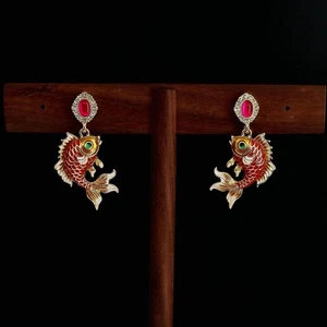 Vintage multi-color handmade enamel diamond carp pendant earrings gift for women - Picture 1 of 4