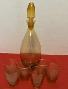 Vintage Amber Glass Decanter with 6 Cordials Cups Glasses Rare - Picture 1 of 5