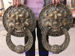 18" Huge Chinese FengShui Bronze Fu Foo Dog Lion Head Statue Door knocker Pair - Picture 1 of 11