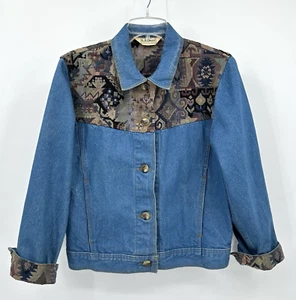 vintage 80s LL BEAN jean jacket cotton denim tapestry brocade aztec western PS - Picture 1 of 10
