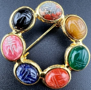Vintage Scarab Brooch 10k Gold Plated Multi Gemstone Lapis Jade Topaz - Picture 1 of 10