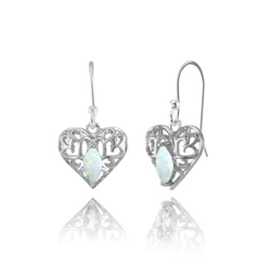 Marquise Heart Filigree 6x3mm Simulated Opal Dangle Earrings in Sterling Silver - Picture 1 of 4