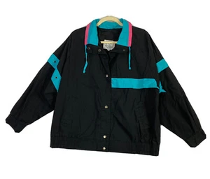 VTG 80s 90s Windbreaker Current Seen Color Block Retro Jacket Black Women's 18W - Picture 1 of 13