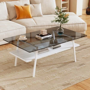 Rectangle Coffee Table, Tempered Glass Tabletop w/ White Metal Legs,Modern Table - Picture 1 of 10