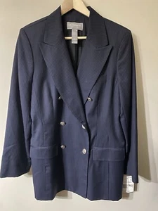 Liz Claiborne 100% Wool Pinstripe Classic Blazer Anchor Nautical Double Breasted - Picture 1 of 5