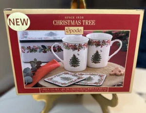 SPODE Christmas Tree 5-Pc Set – 2 Mugs & 2 Coasters in Holiday Tin NIB - Picture 1 of 19