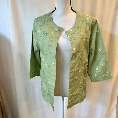 Blair 牛仔夹克女式绿色花卉 3/4 袖开口前口袋,尺寸 L — 第 1/4 张图片