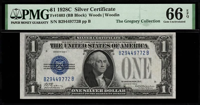 1928C $1 Silver Certificate FR-1603 B-B Block - Graded PMG 66 EPQ - GEM Unc. - Image 1 of 2