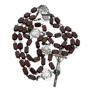 Vintage Catholic Rosary Wooden Beads & Silver Tone Crucifix Saint Medals Italy - Picture 1 of 6