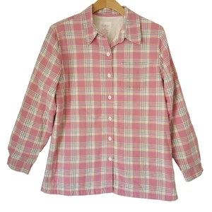 LL Bean Womens Flannel Shirt Size M Fleece Lined Pink Plaid Chore Shacket - Picture 1 of 5