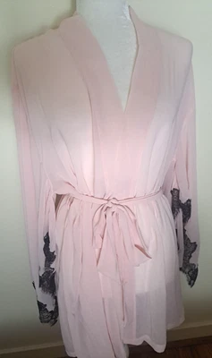 Victorias Secret Sheer Kimono Robe Pale Pink Angel Sleeves Black Lace Trim OS - Image 1 of 4