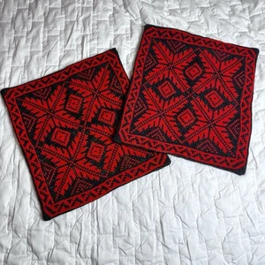 Retro Handwoven 16x16” Pillow Covers X2 Black & Red Button Back - Picture 1 of 5