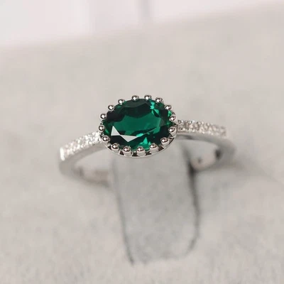 925 Sterling Silver Green Emerald Lab Created Women Ring US Duty Free - Image 1 of 4