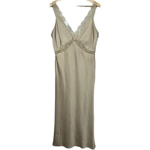 Abercrombie & Fitch Gold Satin Lace Sheer V-Neck Sleeveless Slip Maxi Dress Sz L - Picture 1 of 9