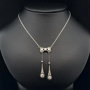 Antique Edwardian Gold & Platinum Diamond Ribbon Lavalier Drop Pendant Necklace - Picture 1 of 14