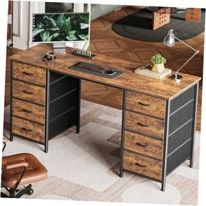  55 Inch Computer Desk with 8 Fabric Drawers, Office Desk 54 inch Rustic Brown - Picture 1 of 8