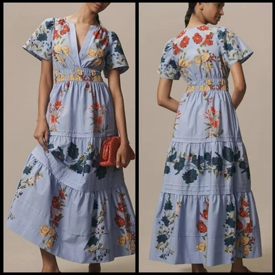 Anthropologie Somerset Tiered Maxi Dress Cotton Size 3X Plus Blue Floral - Image 1 of 4